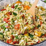 Orzo Salad: Roasted Peppers, Tomatoes, Spinach, Feta, Kallamata Olives and Vinaigrette