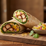 Blackened Chicken, Pineapple Mango Salsa, shredded cheddar, and lettuce on a wrap